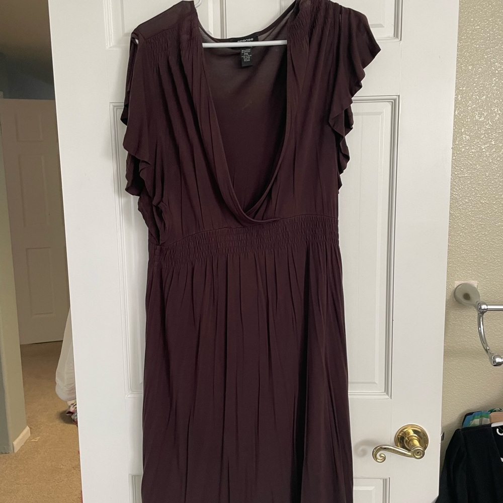 Brown Flutter Sleeve Deep V-Neck Dress